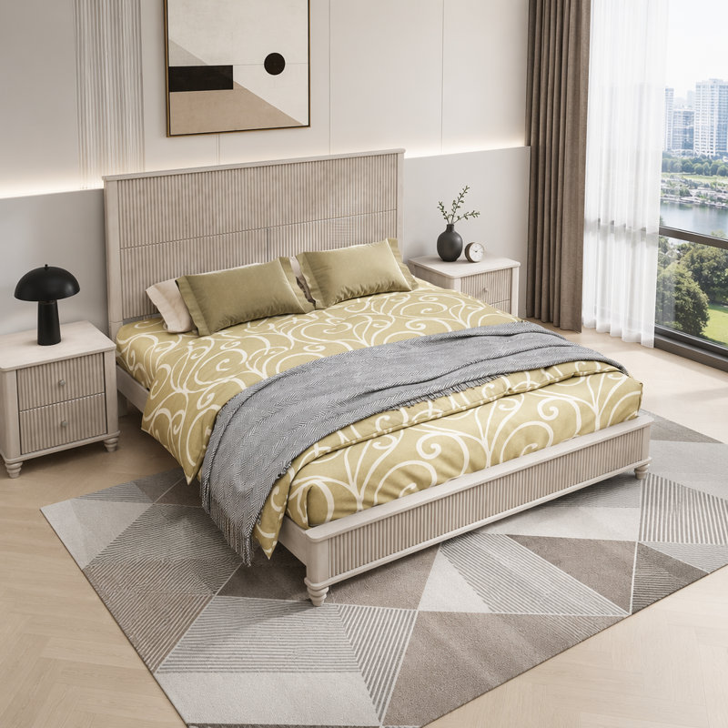 Structure de lit plateforme en bois massif Kernie King avec tête de lit haute - Finition beige élégante, Très grand, Beige