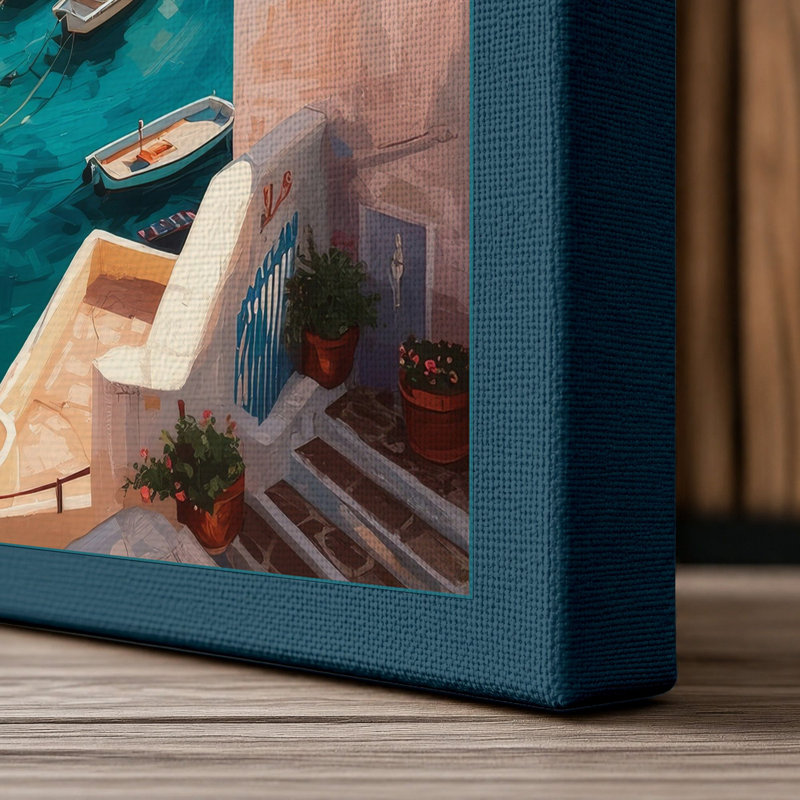 Mediterranean Clifftop Village Coastal - Wrapped Canvas, 36x24 - 91.4 x 61.0 cm, Teal Border