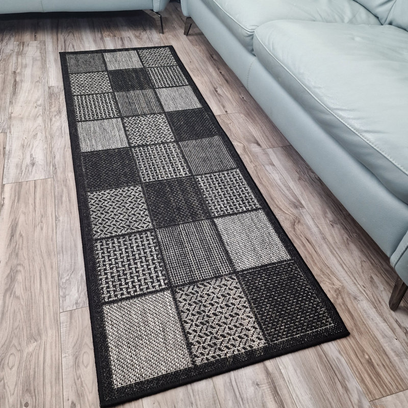 Non Slip Rug Flat Weave Check Kitchen Living Room Carpet, Black, Rectangle 160 x 225 cm