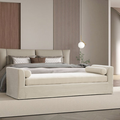 88.6" W Modern Bedroom Bench, Upholstered End Of Bed With  Bench Armrests And  Bolster Pillows