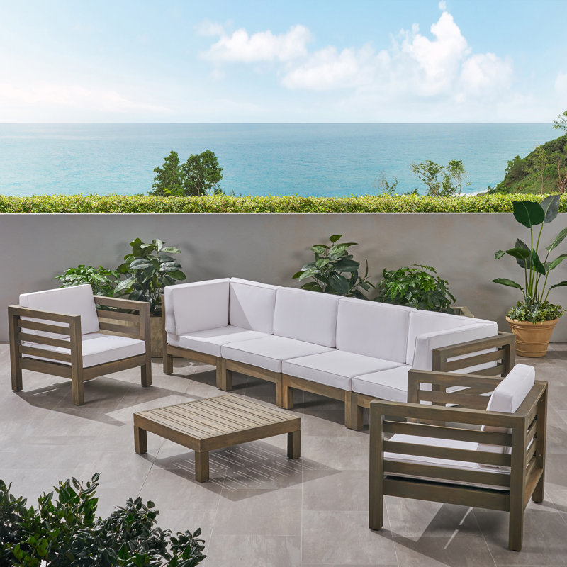 Maher Acacia 6 - Person Patio Conversation Set with Cushions, Gray Frame / White Cushion