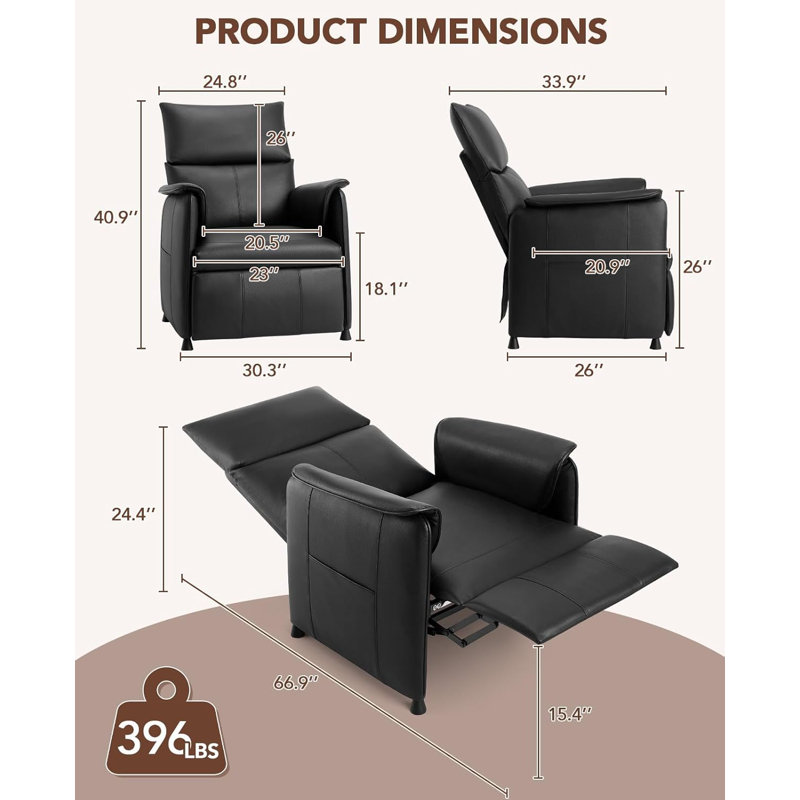 Fauteuil inclinable électrique pour le salon, fauteuil inclinable avec télécommande et poches latérales, sièges inclinables électriques réglables en cuir de polyuréthane pour la chambre à coucher, noir