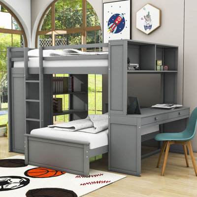 Crone Full Over Twin 2 Drawers Wood Bunk Bed with Shelves,Desk and Wardrobe -  Harriet Bee, C872B279F90F42A8A0859B9483E31163