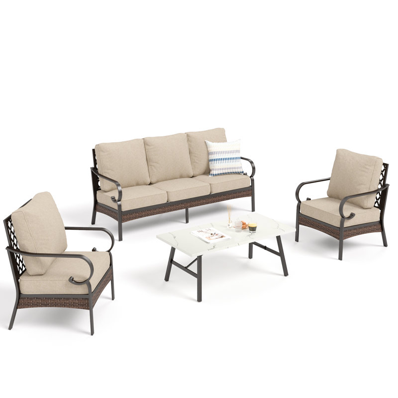 4 Piece Sofa Seating Group With Cushions, Beige