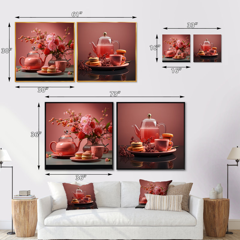 Après-midi Affair Pink Tea - Ensemble de 2 collages carrés café et thé, Cadre flottant blanc, H 36 po x l 73 po