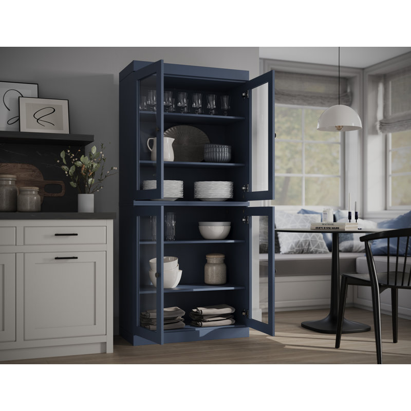 Garde-manger 32 po Kaniesha en bois massif avec portes en verre transparent et tablettes réglables, Bleu antique