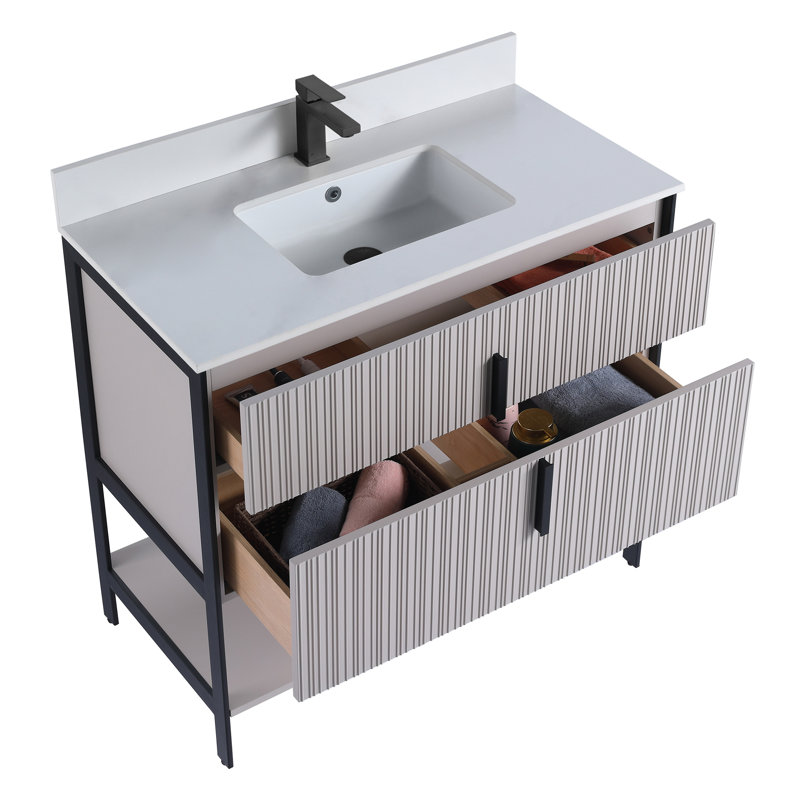 Meuble-lavabo moderne avec plateau en pierre blanche Fine Fixtures Serenity, Taupe vif / noir, 36"