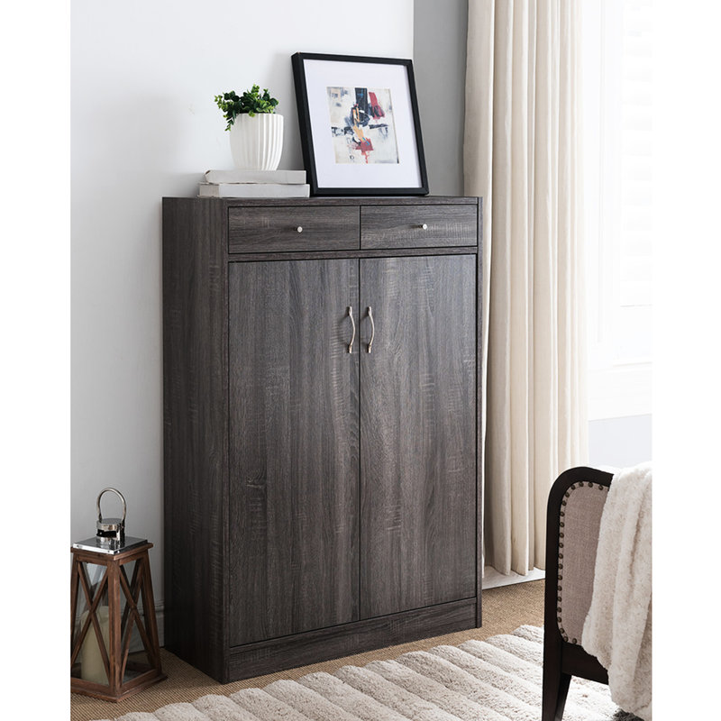 Armoire à chaussures à deux portes - finition grise, tiroirs, convient à 15 paires de rangement avec portes et tiroirs