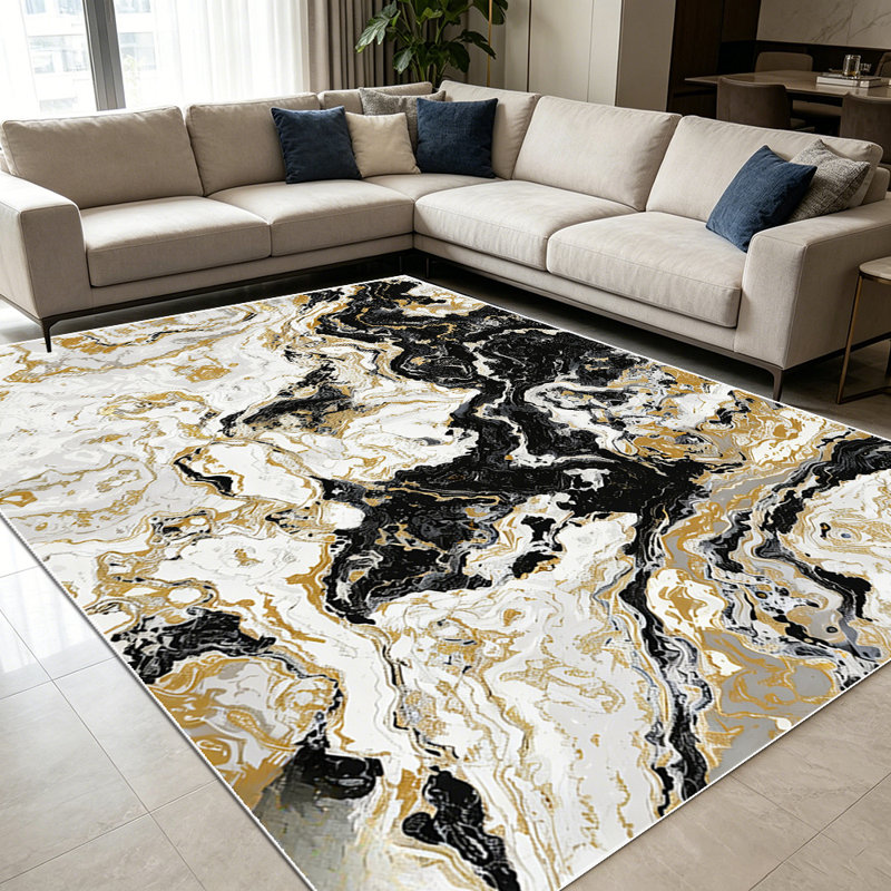 1PC Black Gold Marble Vein area rugs for Living Room, Soft and Comfortable, Suitable for all seasons, easy-to-maintain, machine washable Indoor floor mat, Under Table Farmhouse suitable for dining area, bedroom, kitchen, entryway, home office,