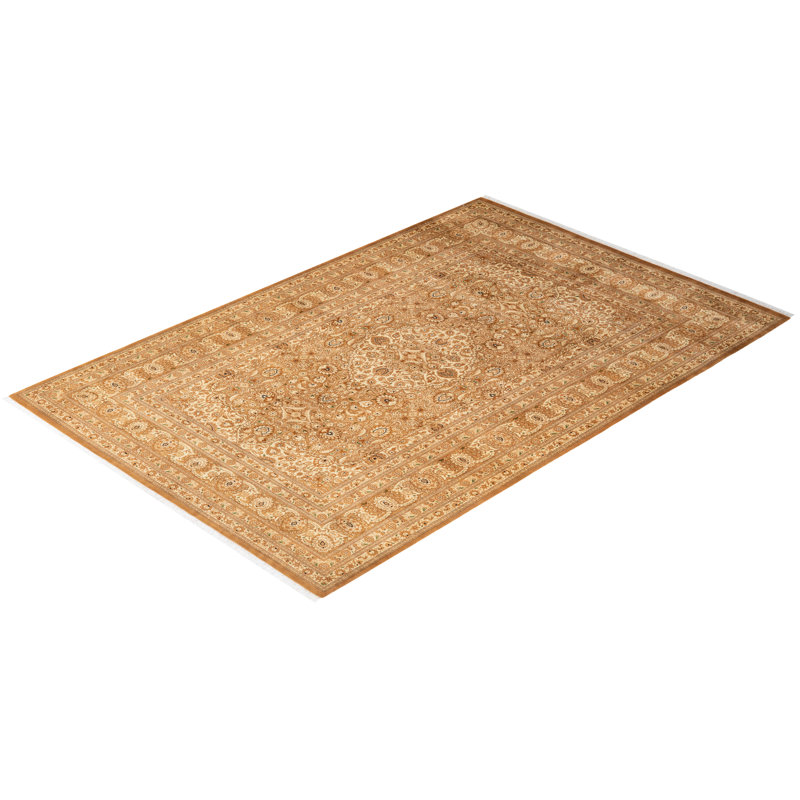 Tapis unique noué à la main beige / brun Trien Mogul 6 pi 1 po x 9 pi 1 po