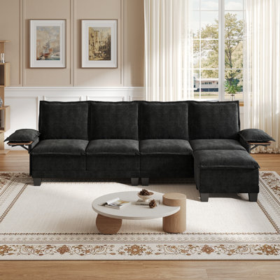 Modern L-Shaped Waterproof Chenille Sofa with Ottoman and Built-in Tables for Living Room