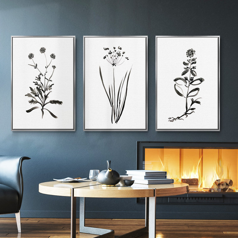 Inky Botanical I, ensemble de 3 toiles encadrées sur toile, Argent, H 40 po x l 78 po