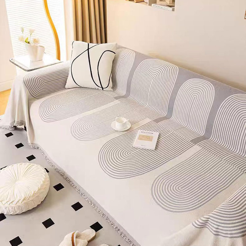 Chenille Sofa Cover Blanket Couch Cover Multifunctional Sofa Protectortowel Geometric Line Pattern Non-slipwith Tassel, Gray