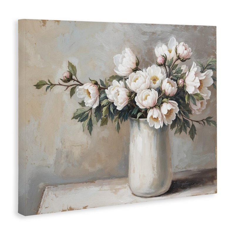 Fleurs blanches dans un vase nature morte, design par lettré et doublé, H 16 po x l 20 po