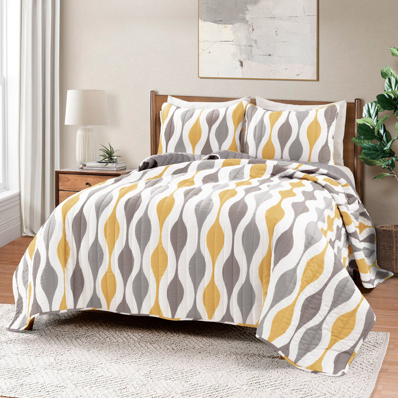 King Gold and Gray Reversible Microfiber Quilt Set