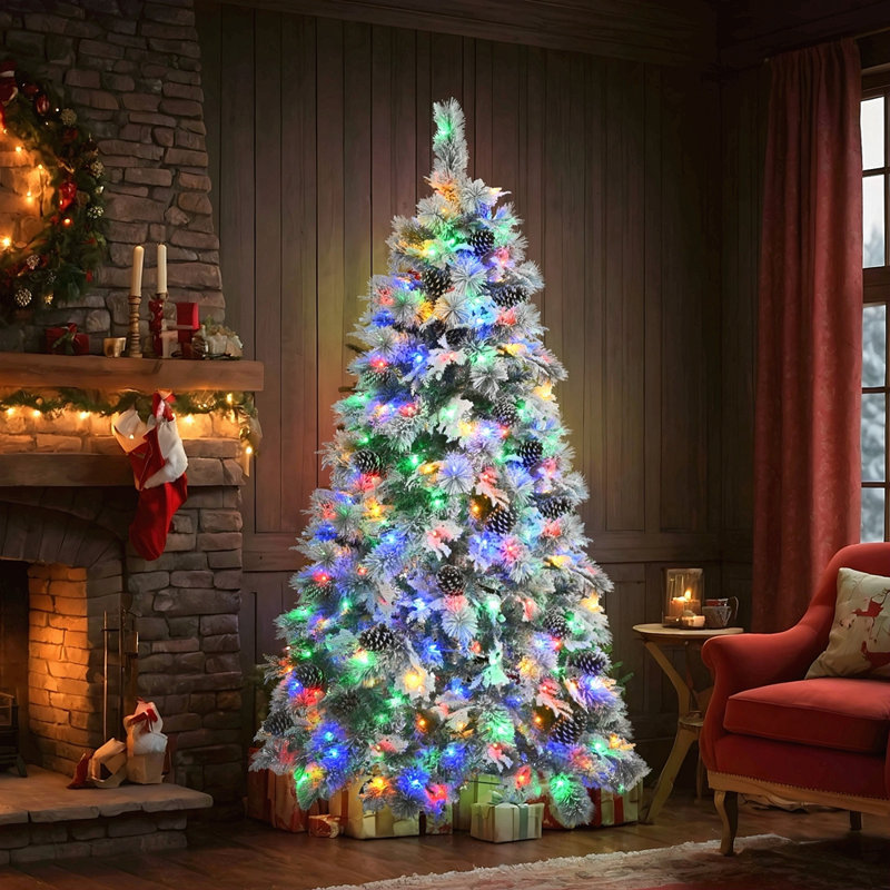 Arbre de Noël enneigé épinette 6 pi avec pommes de pin, arbre de Noël artificiel avec 403 pointes de branches, branches mixtes en PE et PVC, 250 lumières DEL multicolores, 11 modes de clignotants, décorations des Fêtes
