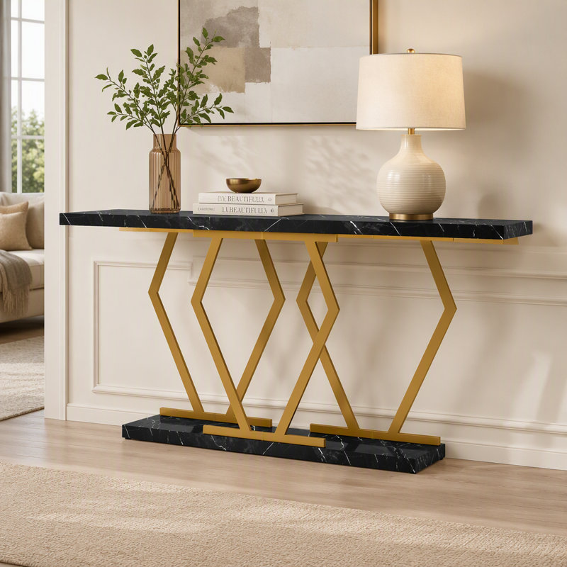70,9 "Console, canapé moderne avec plateau en faux marbre, Faux Marble Black / Gold, IMITATION MARBRE NOIR