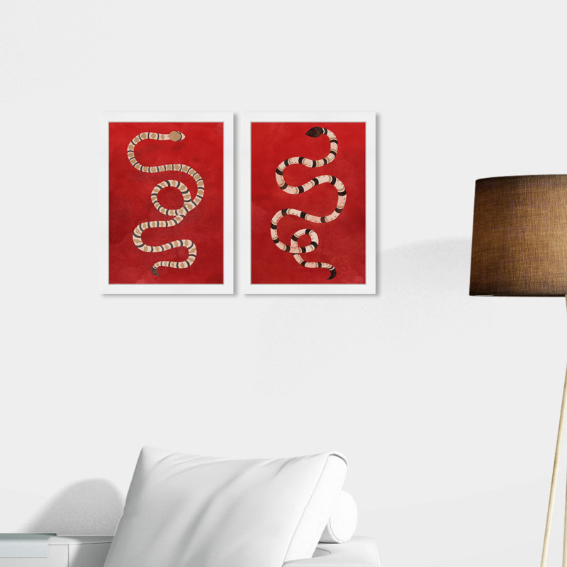 Animaux, ensemble rubis, serpent, Boho, rayures, moderne, rouge, et reproduction d'art sur toile pour le salon, Cadre blanc