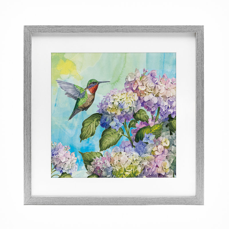 Colibri et hortensias, impression encadrée sous verre, design par Tim Coffey, Cadre de ferme gris, H 16 po x l 16 po