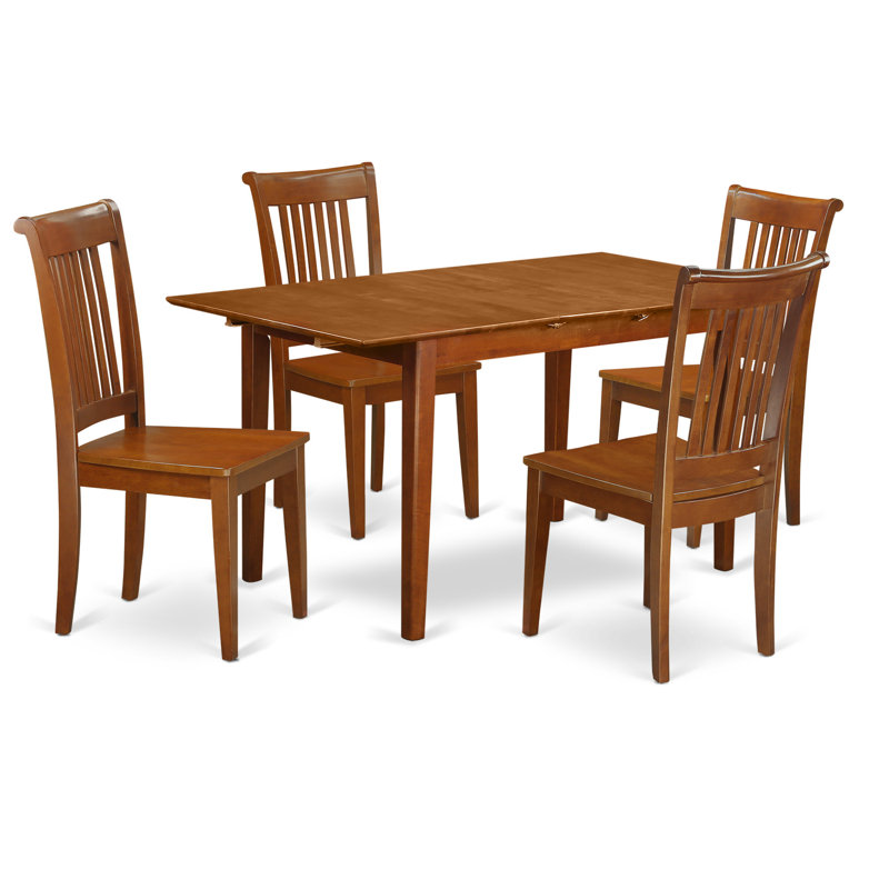 L'ensemble de salle à manger 5 pièces comprend une table de salle à manger rectangulaire avec rallonge papillon et 4 chaises en bois brun selle