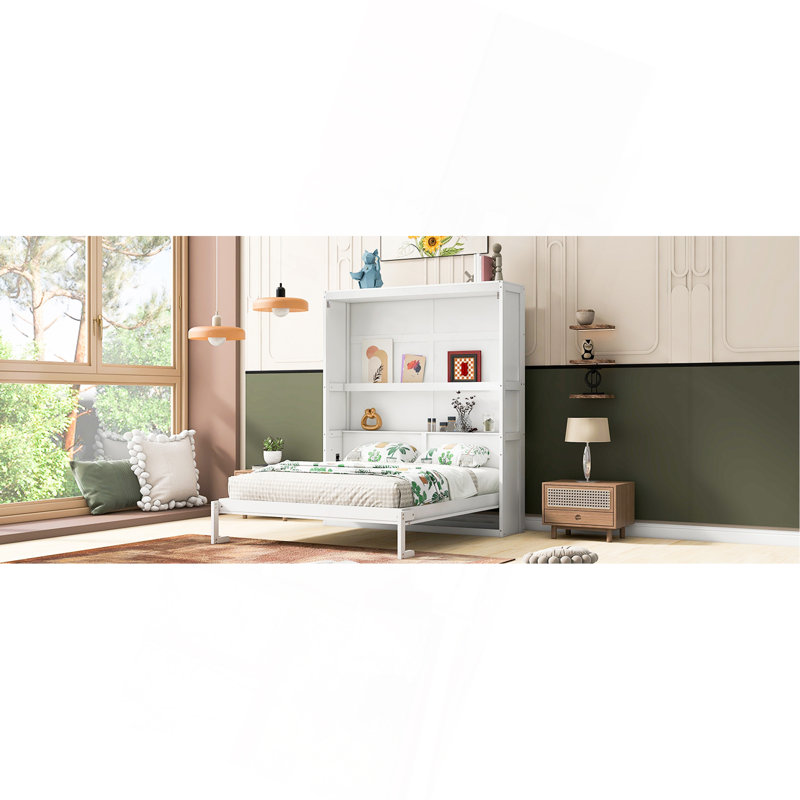 Lit escamotable double pleine grandeur avec tablettes de rangement, blanc, lit pliant compact pour les petites pièces, Double