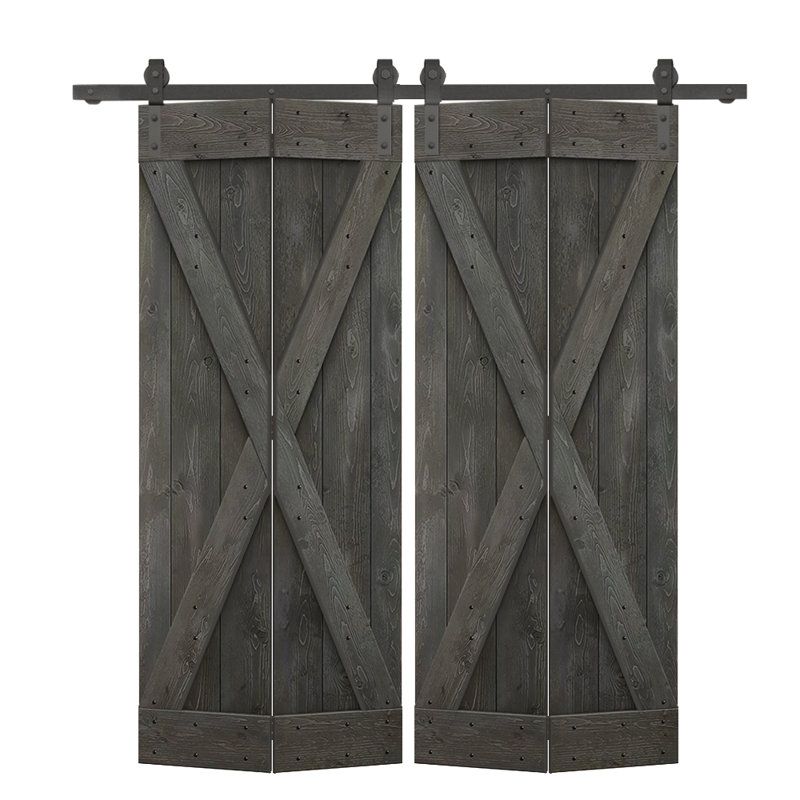 Porte de grange pliante pré-assemblée en bois avec quincaillerie coulissante, 48 po x 84 po, Gris carbone