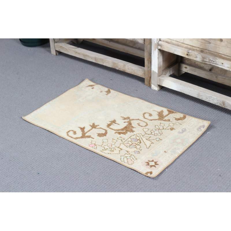 Vintage Turkish Small Rug in Oushak Style for Entry in Rustic Brown with Floral Nomadic Artistic Wool Decor