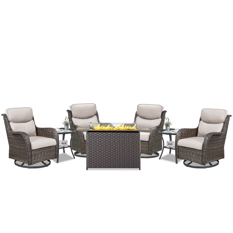 Fauteuil coulissant pivotant en osier avec coussins et table d'appoint 7 pièces Simle, Brun, Gris