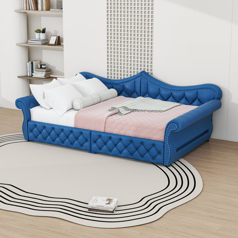 Upholstered Daybed with LED and Nailhead Trim, Blue