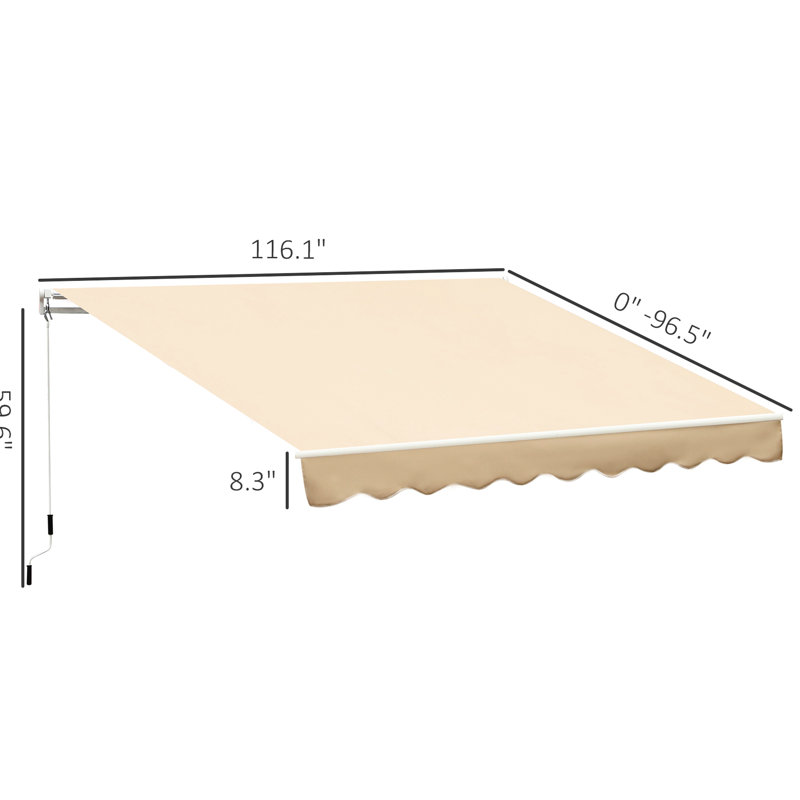 Auvent de balcon beige rétractable 10 pi x 8 pi, parasol avec manivelle manuelle, et tissu hydrofuge, pour terrasse, cour, cadre de patio en aluminium Balcon, cour