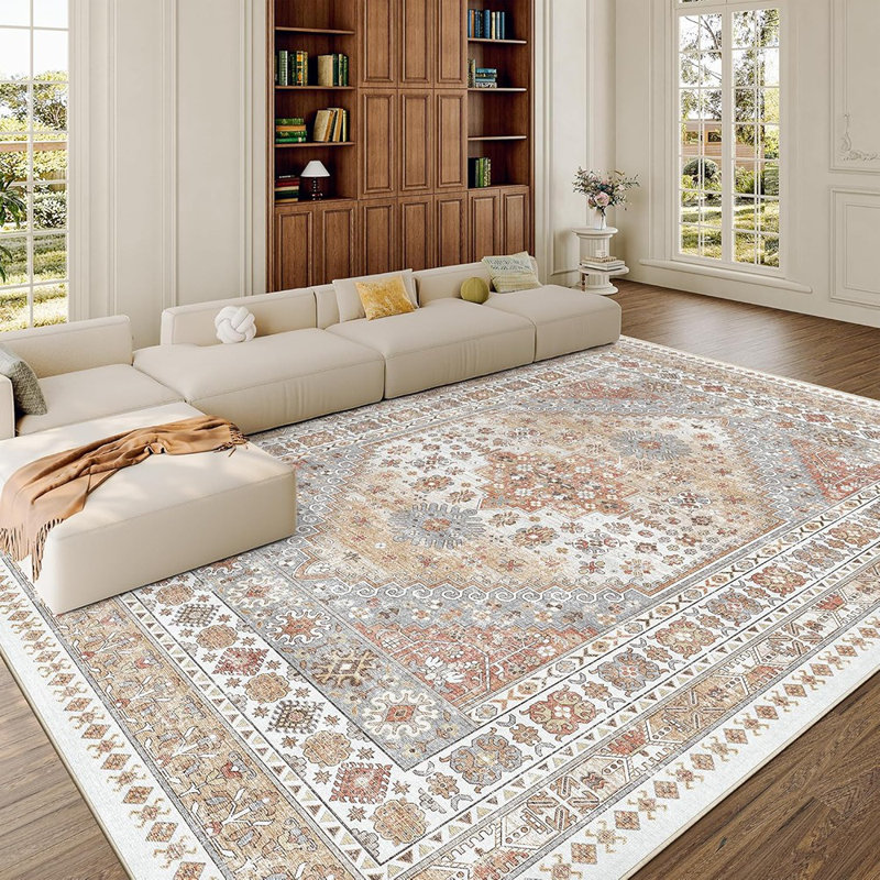 Area Rugs For Living Room,Non-Slip Backing Washable Rugs,Vintage Large Area Rug，Stain Resistant Home Decor Rug (Orange,8'X10')