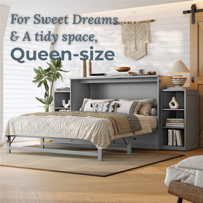 Grand lit escamotable avec tablettes latérales et tiroirs, conception pliante peu encombrante, style minimaliste moderne, gris