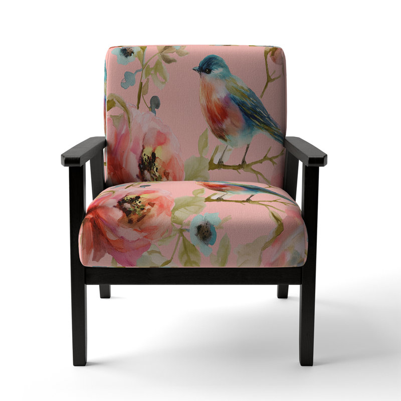 Fauteuil d'appoint rembourré Beautiful Bird Romance I, Mélange de polyester rose, Noir