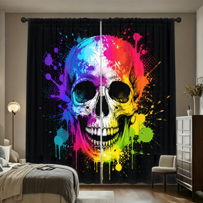 2PCS Colorful Skull Splash Art Print Light Filtering Window Curtains, Bold Vibrant Graffiti-Inspired Graphic, Modern Gothic Accent, All-Season Decor for Living Room, Bedroom