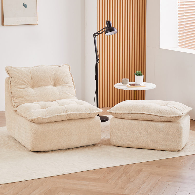 Chaise longue rembourrée avec repose-pieds mobile, canapé douillet d'intérieur , Beige
