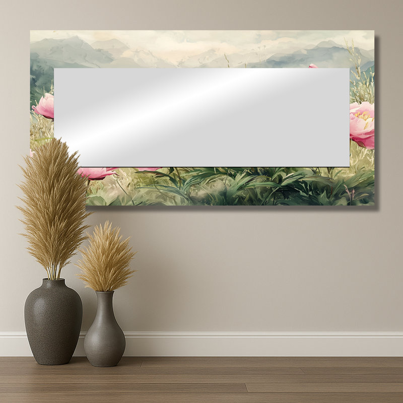 Pivoines dans la prairie alpine II - miroir mural floral - imprimé sur métal, 28 po x 55 po