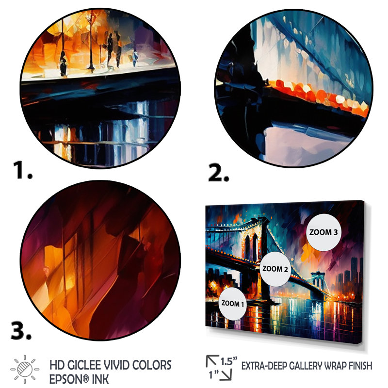«Colorful Brooklyn Bridge - City», reproduction sur toile encadrée, Toile tendue, H 30 po x l 40 po x P 1,5 po