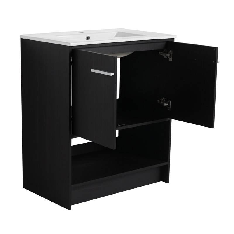 Meuble-lavabo de salle de bain avec lavabo en céramique, 30", Chêne foncé