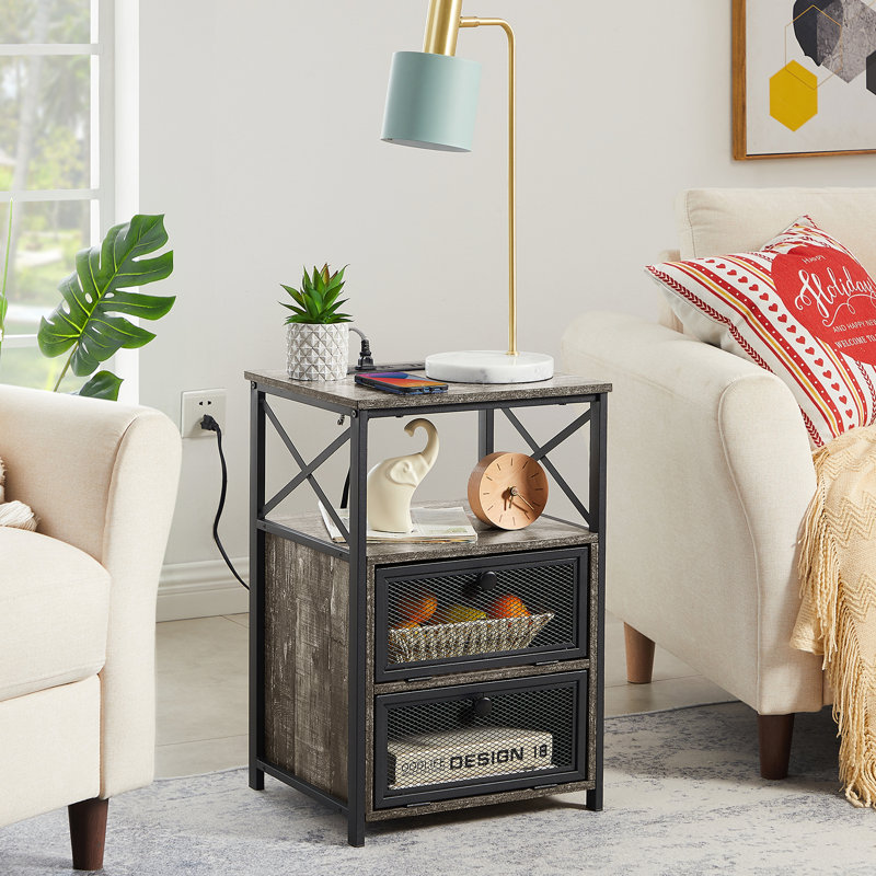 Nightstand with Charging Station End Side Tables with Storage Drawers and USB Ports & Power Outlets, Old School