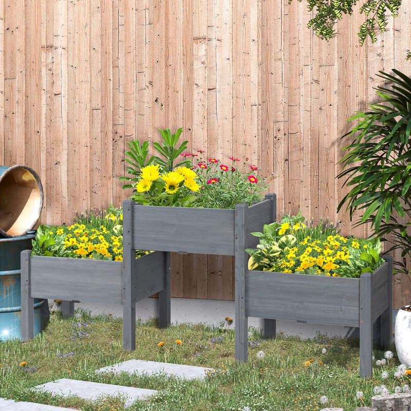 Lit de jardin surélevé gris, avec 3 jardinières pour lit à herbes et légumes, gris - croissance abondante d'herbes, de légumes et de fleurs