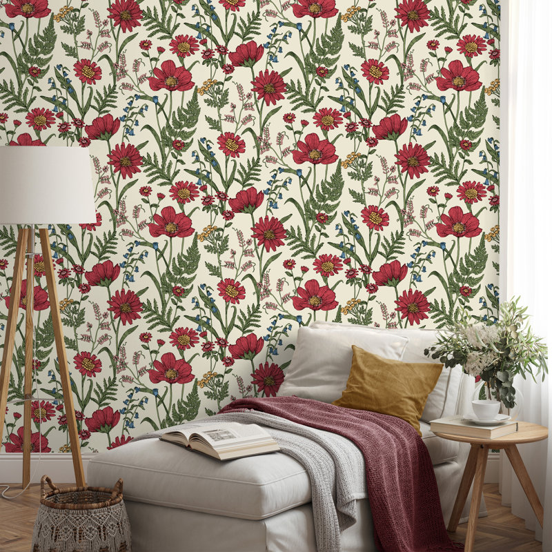 Wild Meadow Botanical Wallpaper, Red