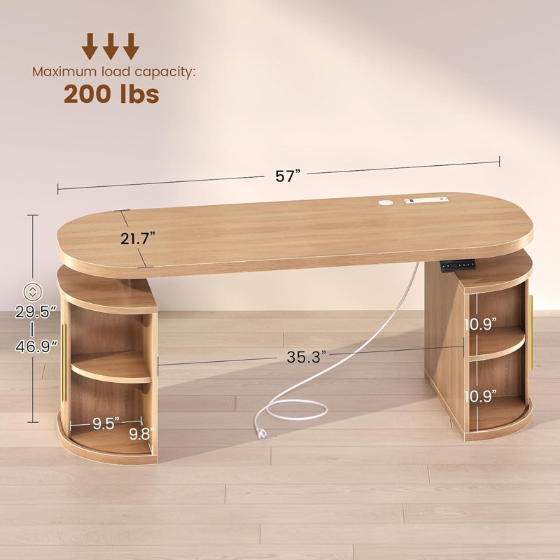 Bureau de direction à hauteur ajustable électrique 57 po avec rangement, Chêne clair