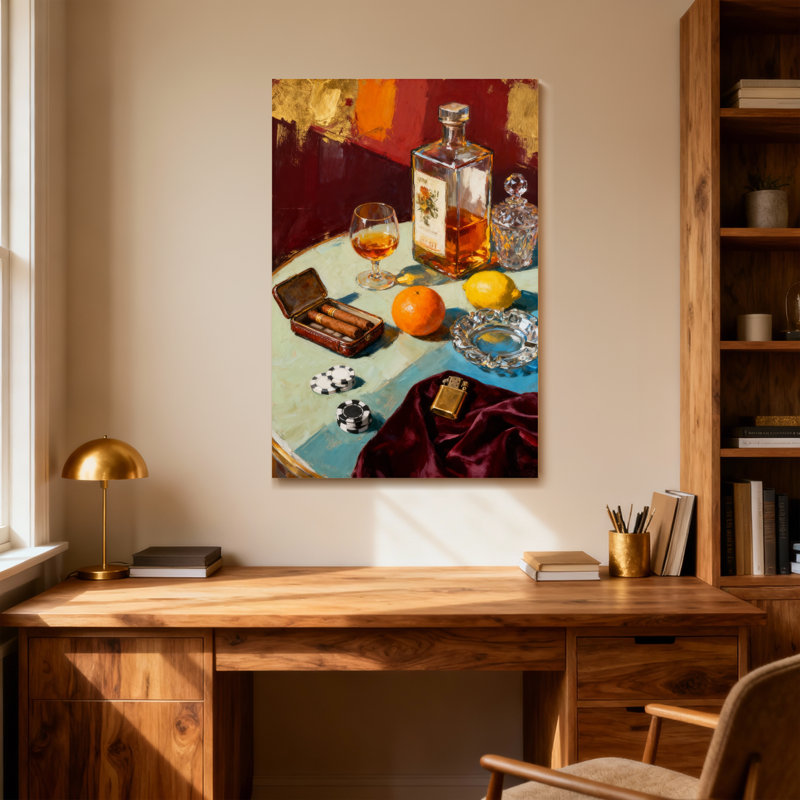 Mode nature morte avec whisky et cigares, H 18 po x l 12 po