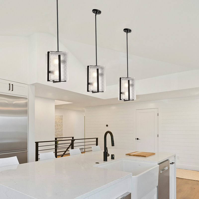 2-Light Frosted Glass Square/Rectangle Modern Pendant Light, Matte Black