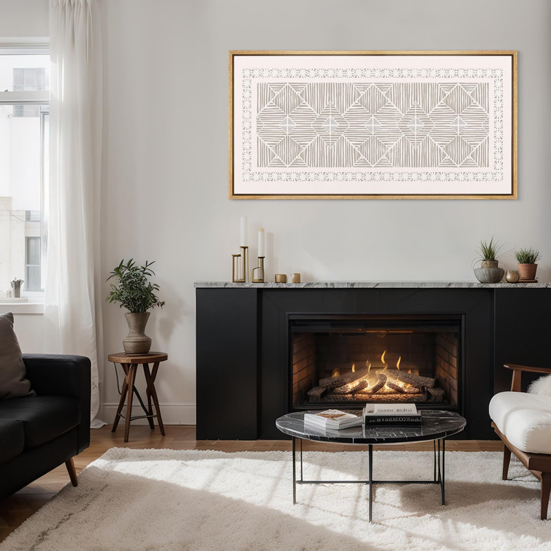 Geometric Line " Abstract Monochrome Patterned Rustic Retro Art Decor Extra Large Artwork Pictures ", 30" H x 60" W, Natural