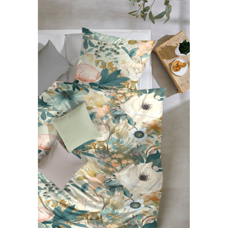 Rhiley Cotton Floral Duvet Cover Set with Pillow Shams Included, 155 x 220cm Duvet Cover + 1 Standard Pillowcase, Pink/Grey