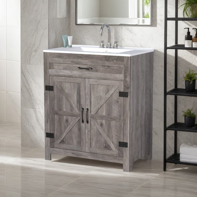30'' Bathroom Vanity Barn Door Walnut U-Shelf Without Top Sink