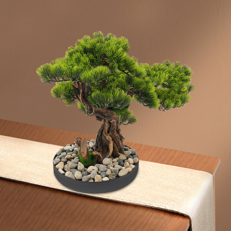 Artificial Bonsai Pine Tree, Realistic Desktop Faux Plant with Pebbles
