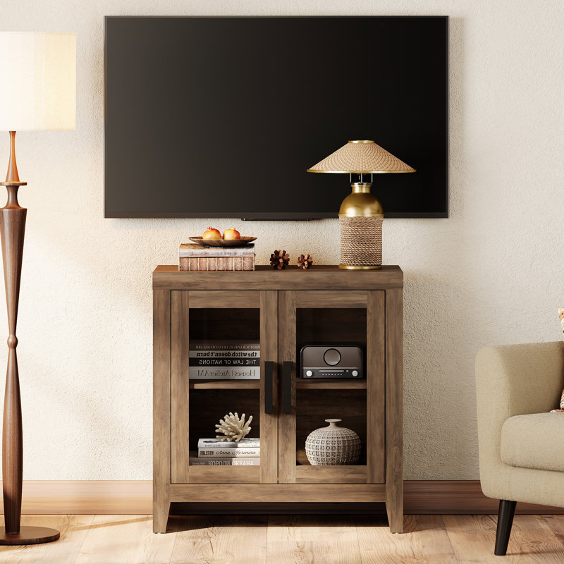 Farmhouse TV Stand For Tvs Up To 50”, Rustic Wood Entertainment Center With Adjustable Shelf, Glass Doors & Storage, Media Console Cabinet For Living-Room, Bedroom, Brown