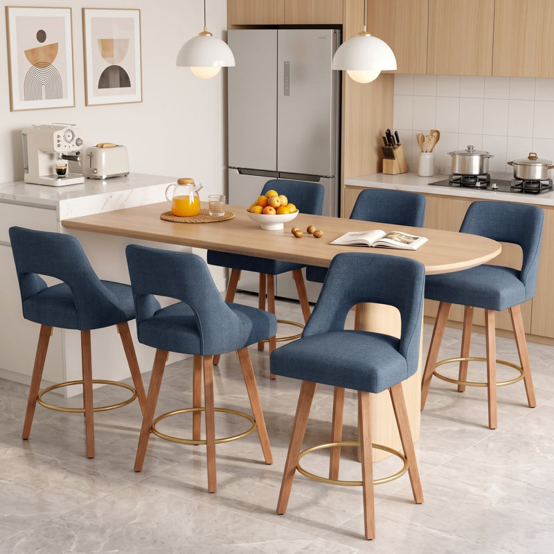 Swivel Linen Upholstered Counter Stool With Solid Wood Frame And Footrest, Navy, 6